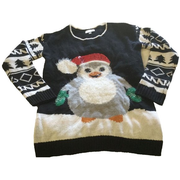Allison Brittney Sweater Size Medium Black Penguin Ugly Cute Christmas Holiday - Picture 5 of 5